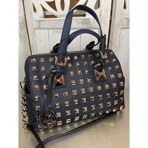 Michael Kors Navy Blue Leather Gold Studded Grayson Satchel Top Handle
